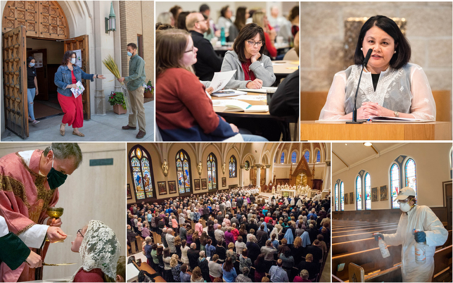 Parishioners participate in liturgies, receive Communion, clean a church and attend a meeting.