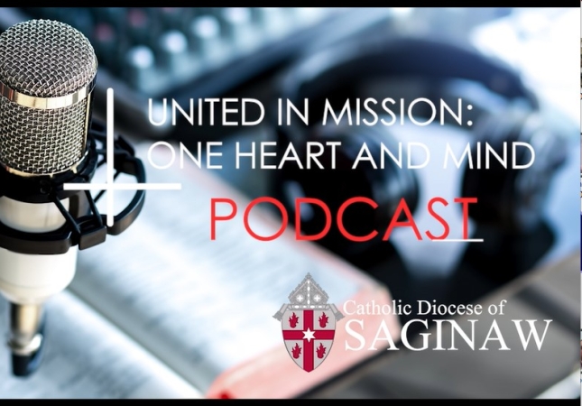 Diocese of Saginaw - United in Mission: One Heart and Mind Podcast image with Microphone, Bible, headset and keyboard