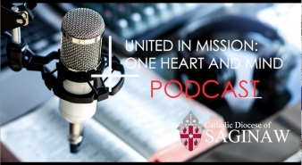 Diocese of Saginaw - United in Mission: One Heart and Mind Podcast image with Microphone, Bible, headset and keyboard