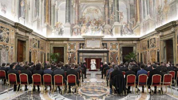 Pope Francis addresses a group from St. Mary's Seminary in Cleveland at the Vatican