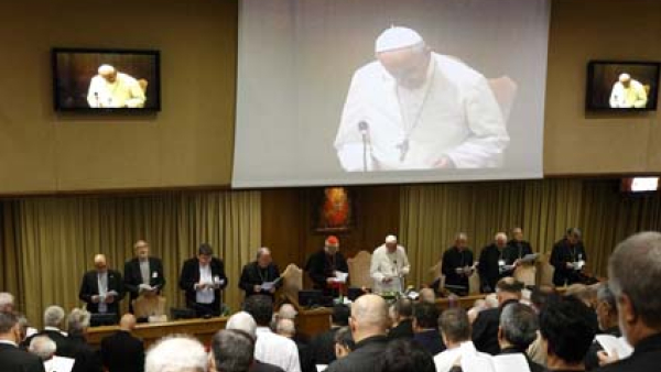 Pope Francis leads a session of the Synod of Bishops