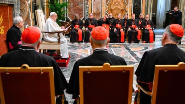 Pope Francis talks with members of the Dicastery for Divine Worship