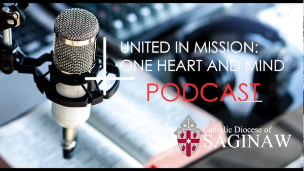 Diocese of Saginaw - United in Mission: One Heart and Mind Podcast image with Microphone, Bible, headset and keyboard