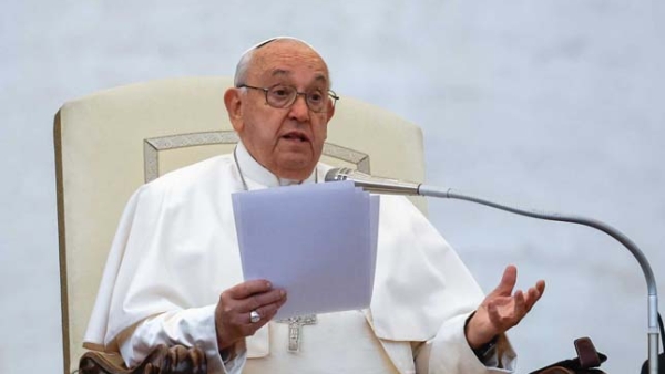 Pope Francis speaks during his general audience in St. Peter's Square at the Vatican Oct. 23, 2024.