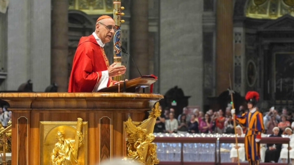 Cardinal Víctor Manuel Fernández, former prefect of the Dicastery for the Doctrine of the Faith, gives his homily as he celebrates Mass on the sixth day of the "novendiali," 