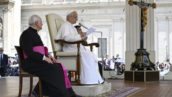 Pope Leo XIV addresses visitors in St. Peter's Square during his general audience at the Vatican June 18, 2025. 