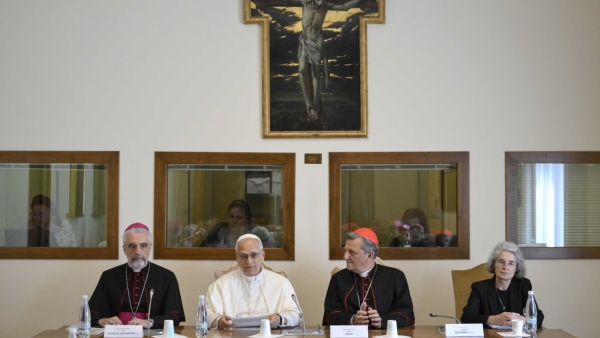 Pope Leo XIV addresses the Ordinary Council of the General Secretariat of the Synod during a meeting at the Vatican June 26, 2025.