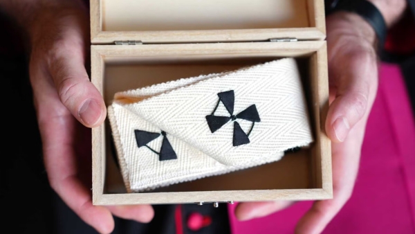  pallium at the Pontifical North American College in Rome after receiving it from Pope Leo XIV 