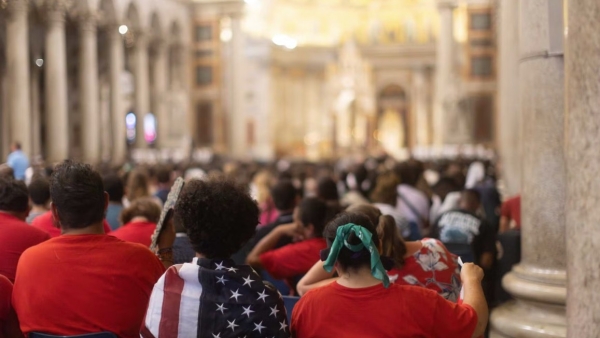 Pilgrims pray during a holy hour of Eucharistic adoration at the Basilica of St. Paul Outside the Walls in Rome July 30, 2025