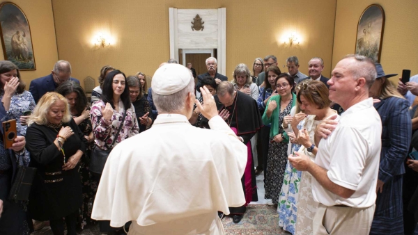 Pope Leo XIV gives his blessing to members of a pilgrimage organized by the U.S. bishops