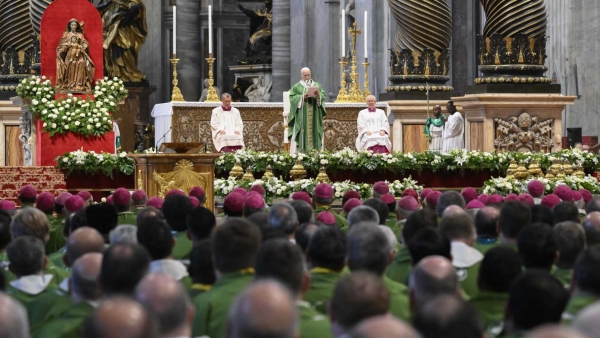 Pope Leo XIV celebrates Mass as part of the Jubilee of Synodal Teams