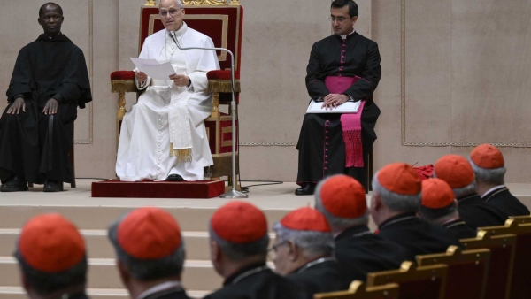 Pope Leo XIV reads his speech to officials of the Roman Curia 