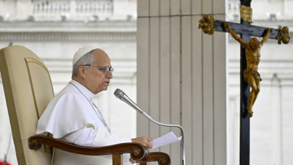 Pope Leo XIV delivers his remarks during his weekly general audience